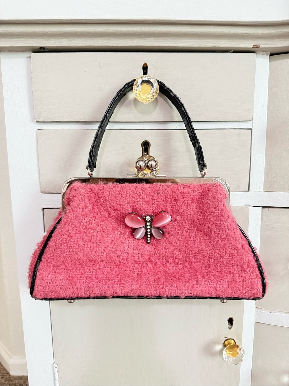 Glenda Gies Vintage Pink Boucle Bag with Butterfly